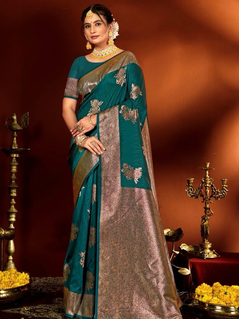 Teal and Gold Floral Banarasi Saree
